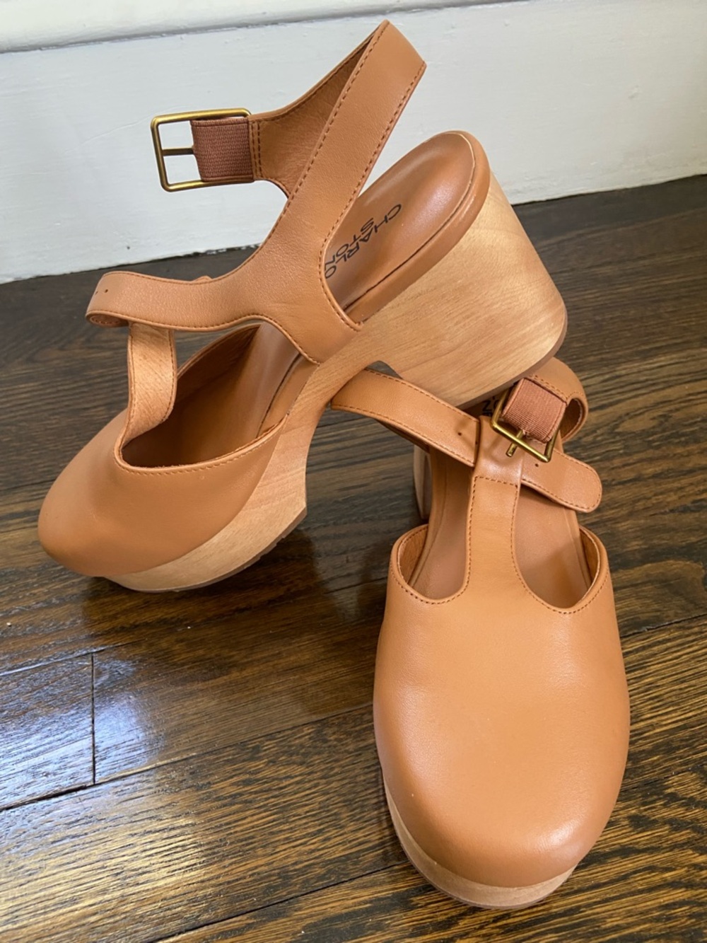 NWOB Charlotte Stone Women's Tan Leather Platform Mary Jane Clog Sandals - Picture 1 of 8